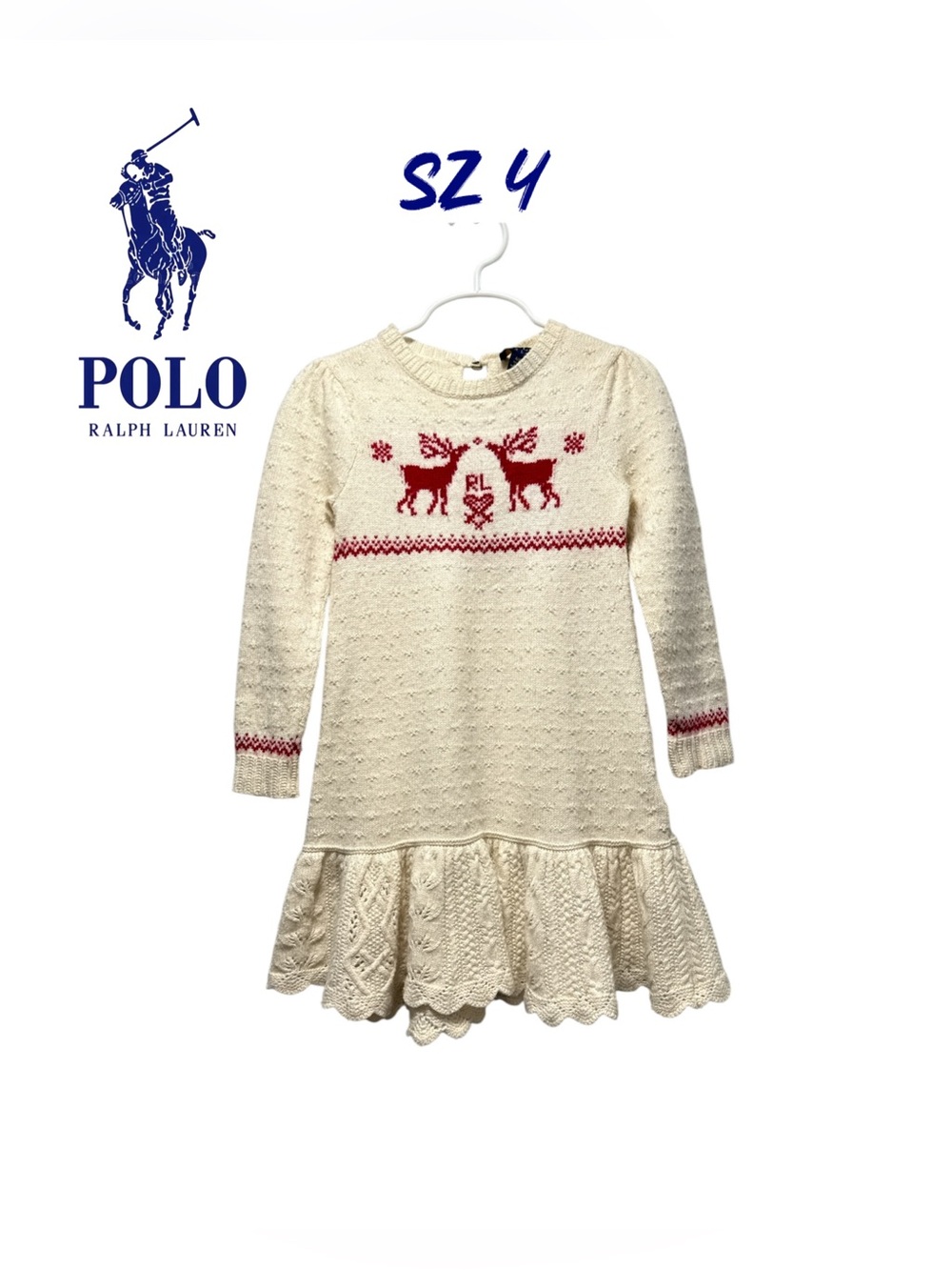 Polo Ralph Lauren Cream Sz 4  Red Reindeer Knit Sweater Dress